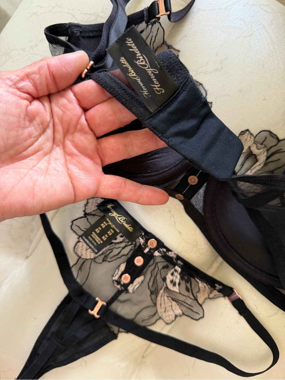 Honey Birdette Black Sheer Mesh Bra & Thong with Pink and Orange Embroidery - Picture 10 of 13